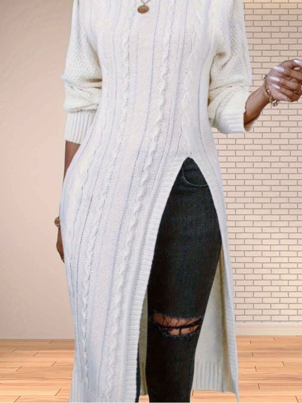 Ivory Cable Knit Long Sweater Dress with Front Slit C2
